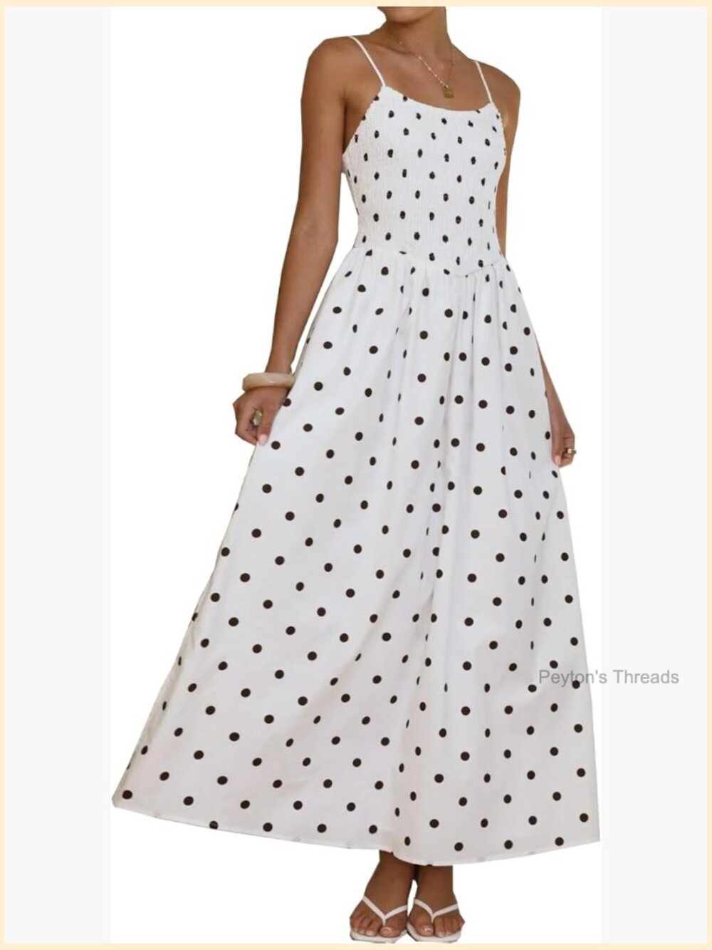 Smocked High Waisted Polka Dot Maxi Dress Spaghetti Strap Flowy Swing Beach - Picture 1 of 6